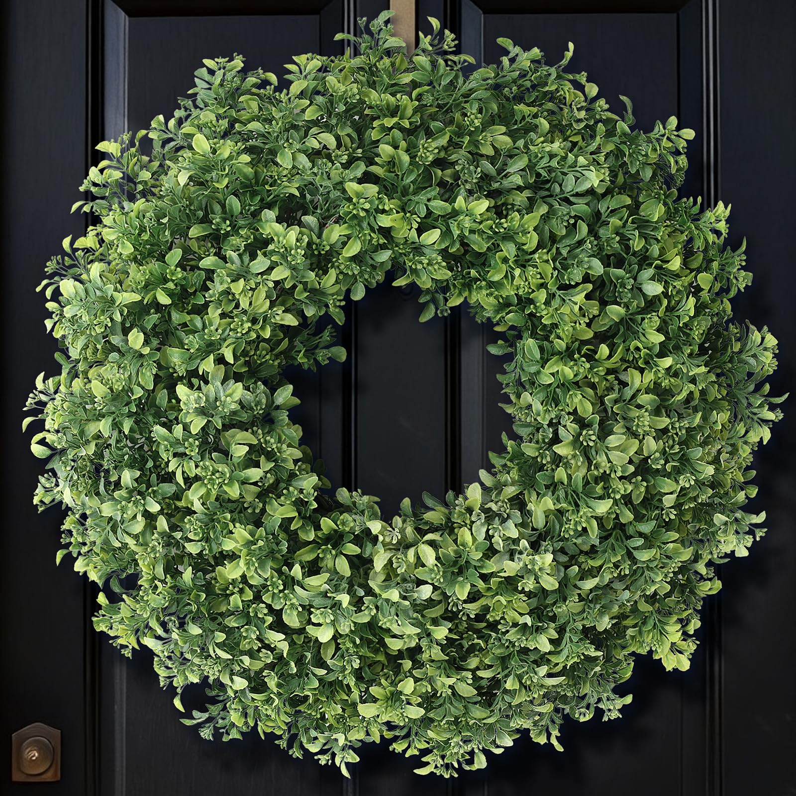FOTEEWL 26-inch artificial boxwood wreath for front door, year-round curb appeal