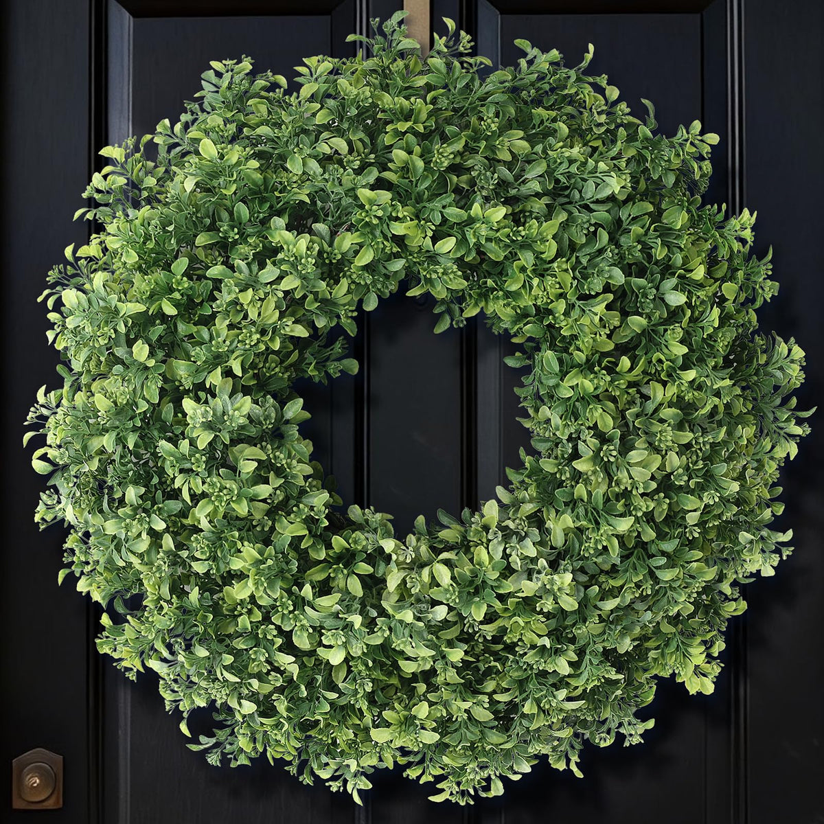 FOTEEWL 26-inch artificial boxwood wreath for front door, year-round curb appeal