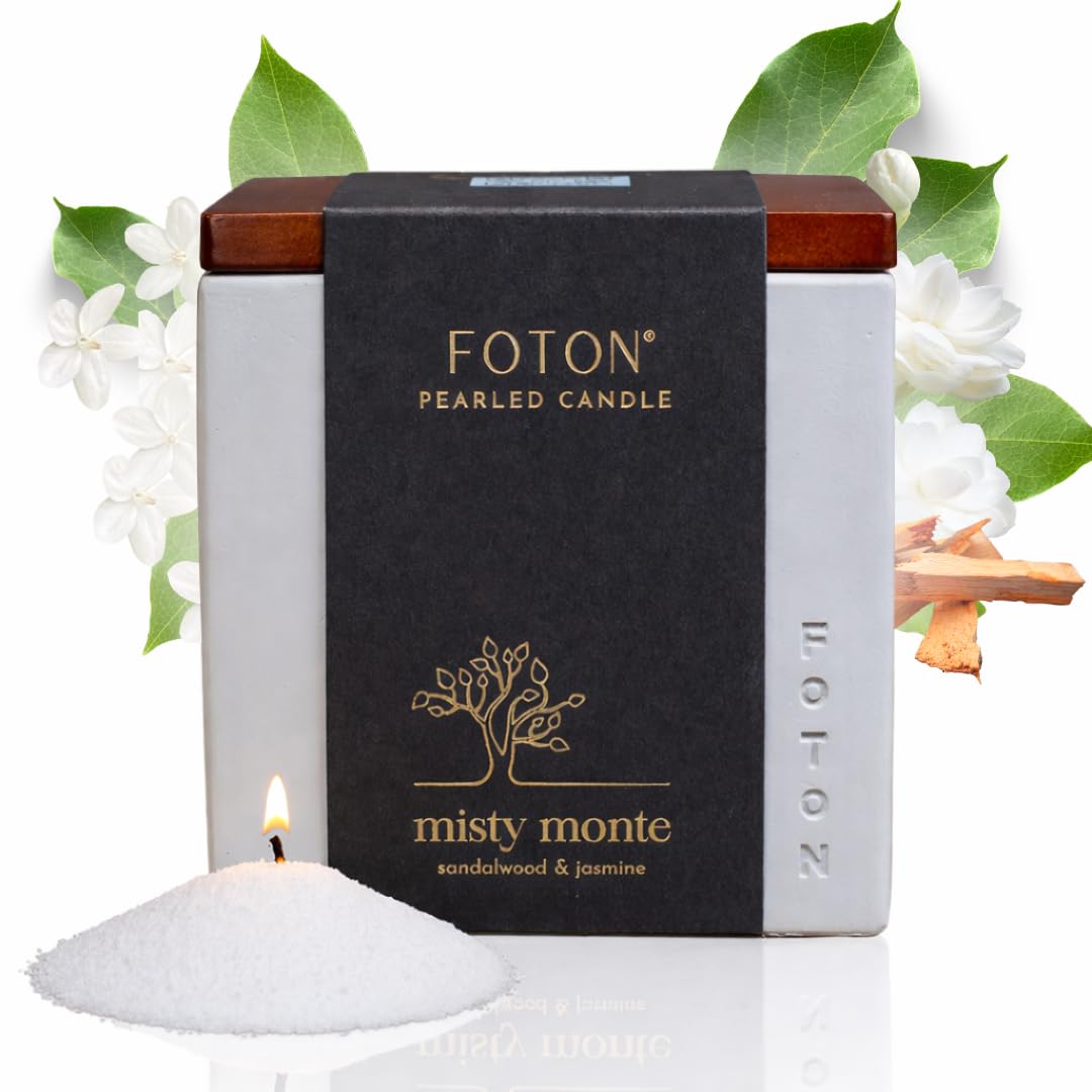 Foton Le Cube Misty Monte candle in concrete vase for calming ambiance.