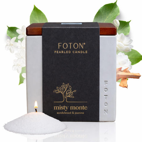 Foton Le Cube Misty Monte candle in concrete vase for calming ambiance.