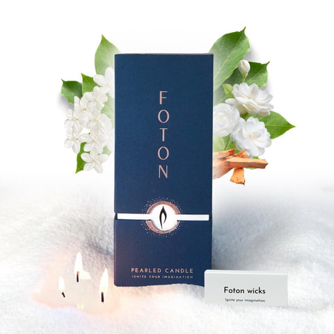 Foton Pearled Candle 18oz with Misty Monte Sandalwood scent for a soothing, long-lasting ambiance