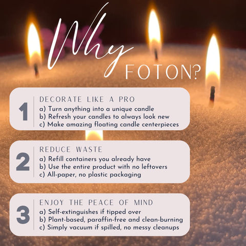 Foton Pearled Candle provides up to 120 hours of burn time for extended ambiance.