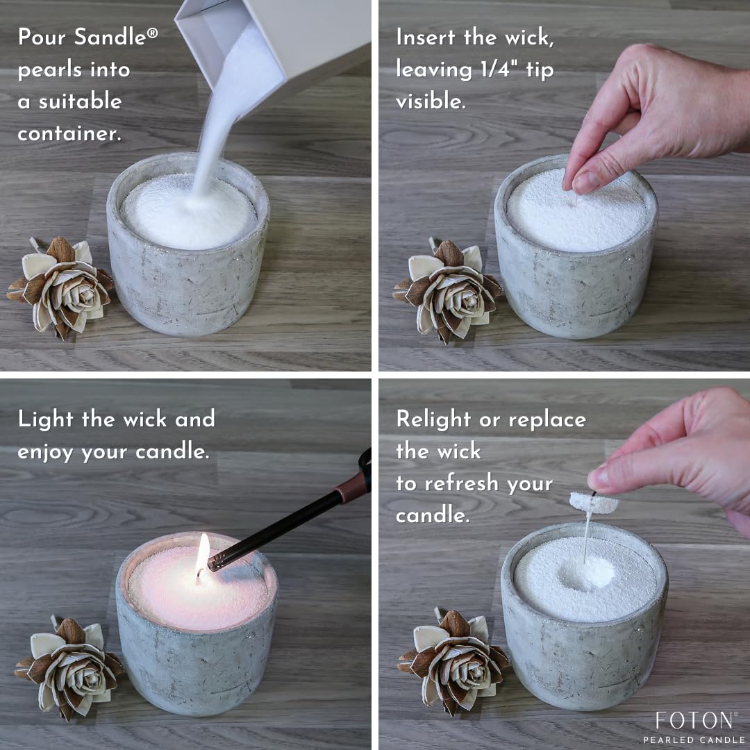 Foton Sandle Pearled Candle eco-friendly non-toxic label highlights sustainable materials.