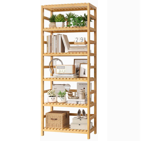 FOTOSOK 6-tier bamboo shelf front view for versatile storage and display