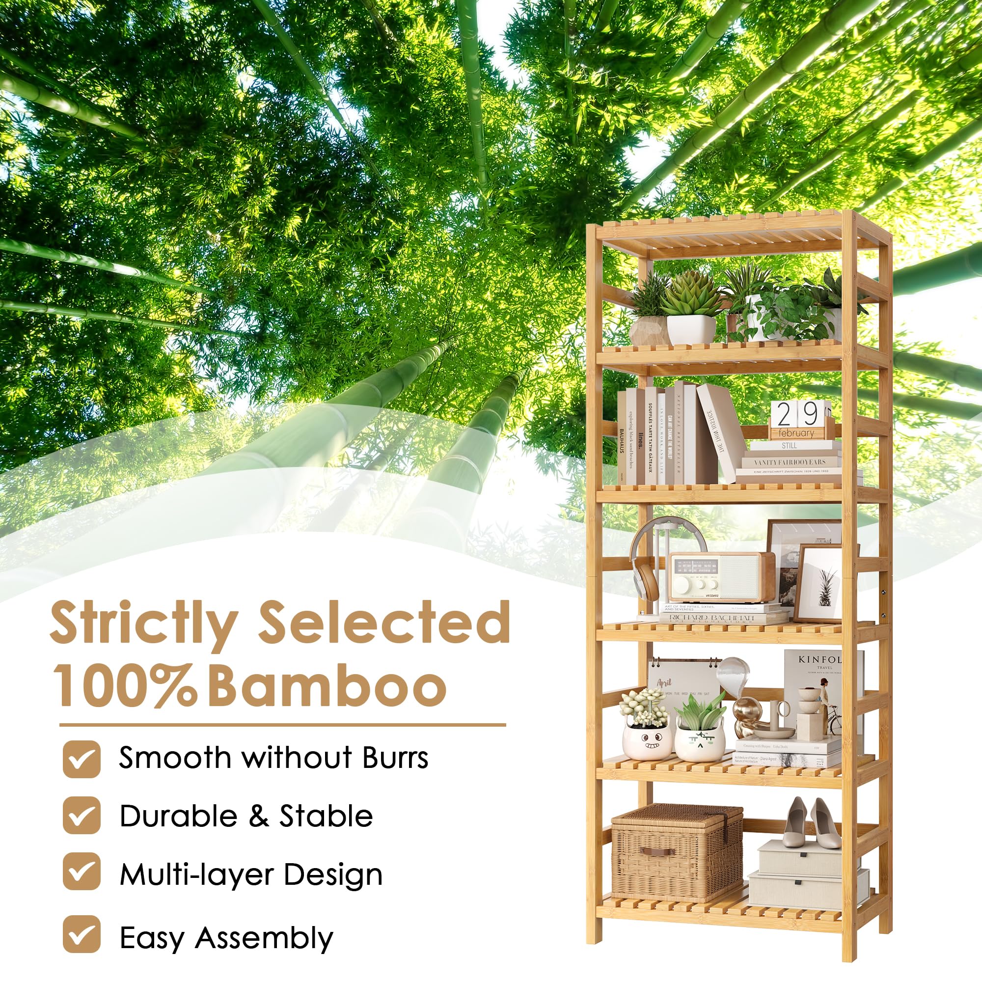 FOTOSOK bamboo shelf in kitchen for pots, utensils, and pantry storage