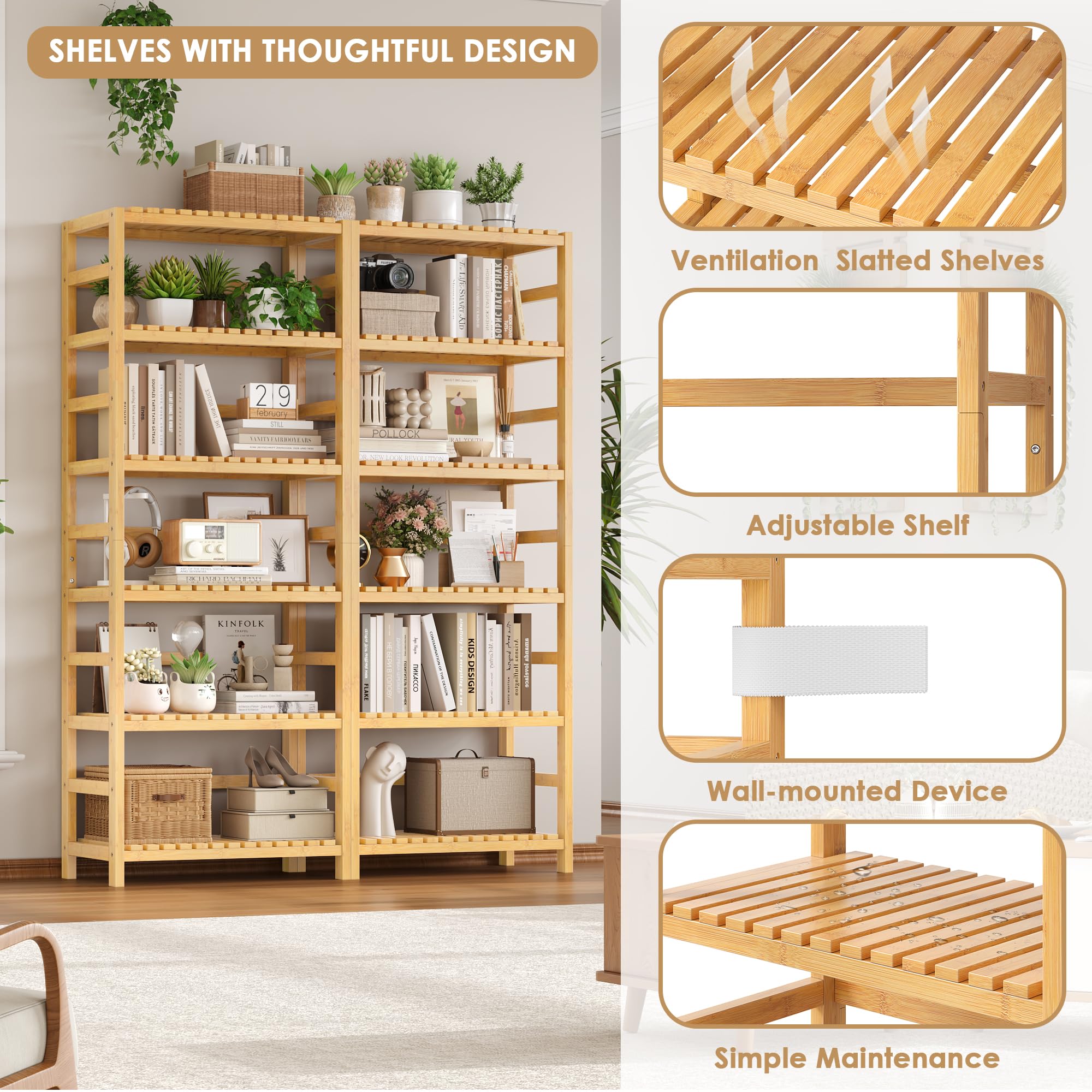 FOTOSOK bamboo shelf in living room for organized display and decor