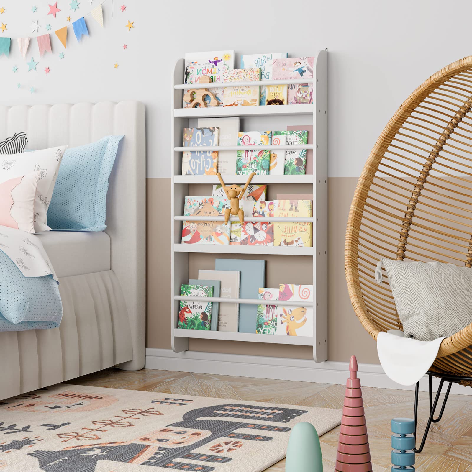 FOTOSOK anti-toppling devices on the bookshelf provide added stability for active children.