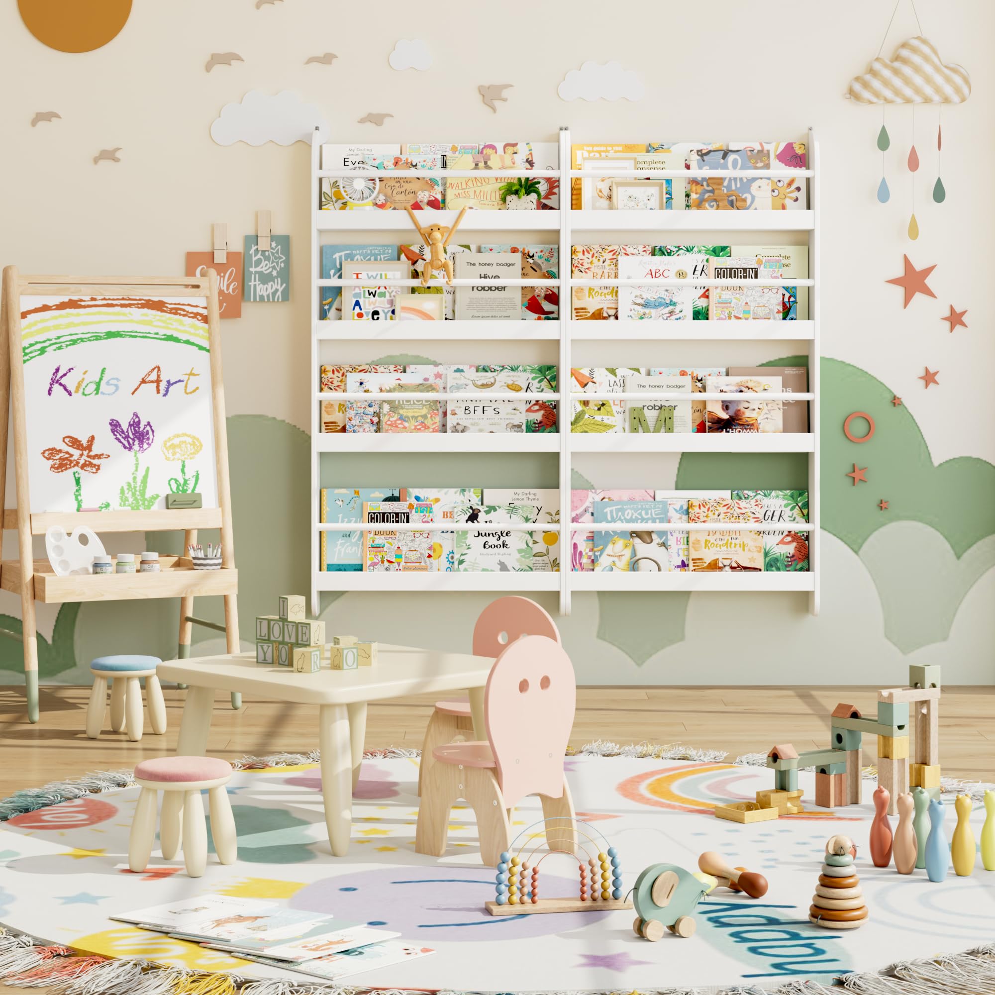 FOTOSOK Kids Bookshelf demonstrates holds up to 22 books for compact storage.