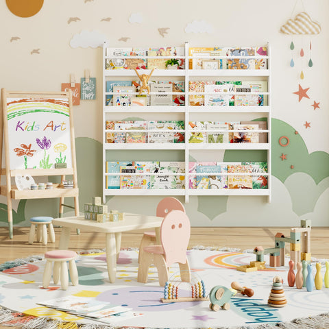 FOTOSOK Kids Bookshelf demonstrates holds up to 22 books for compact storage.