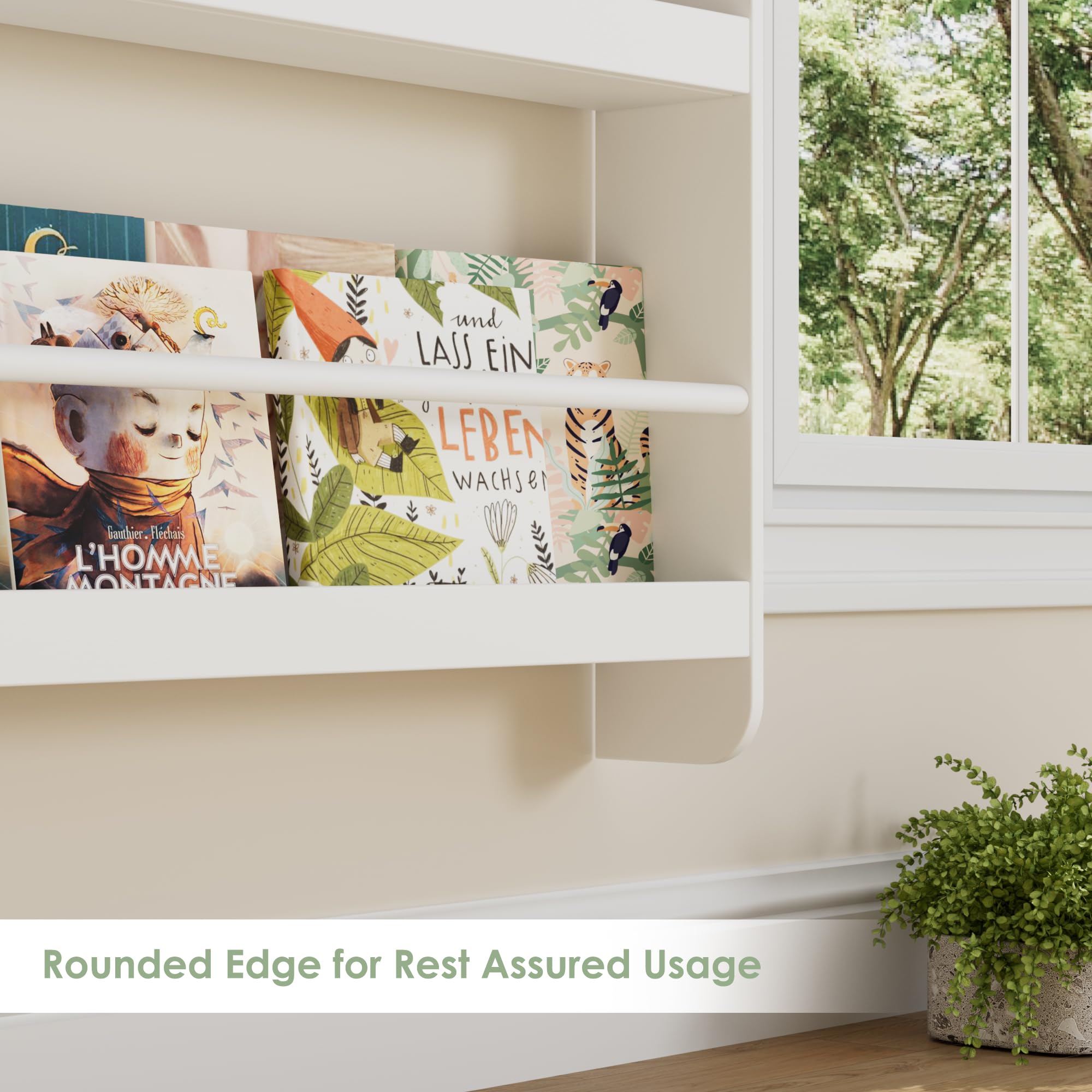 FOTOSOK white bookshelf blends with bedroom and living room decor.