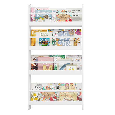 FOTOSOK Kids Bookshelf wall-mount 4-tier setup for tidy playroom organization.