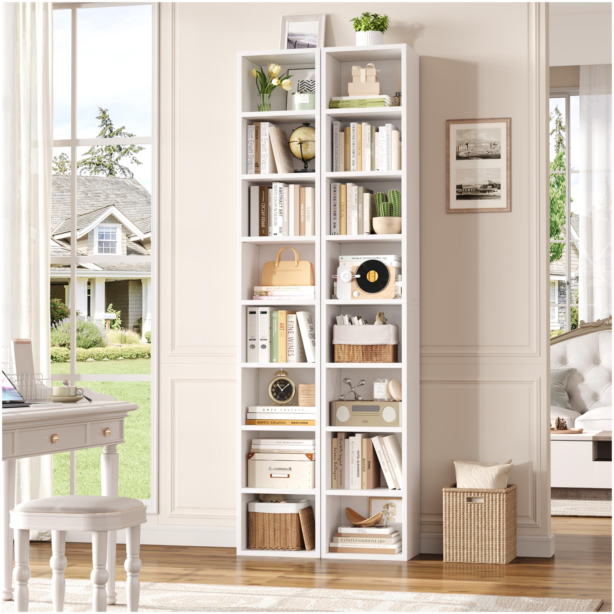FOTOSOK tall narrow shelf fits tight spaces in living room or office.