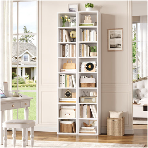 FOTOSOK tall narrow shelf fits tight spaces in living room or office.