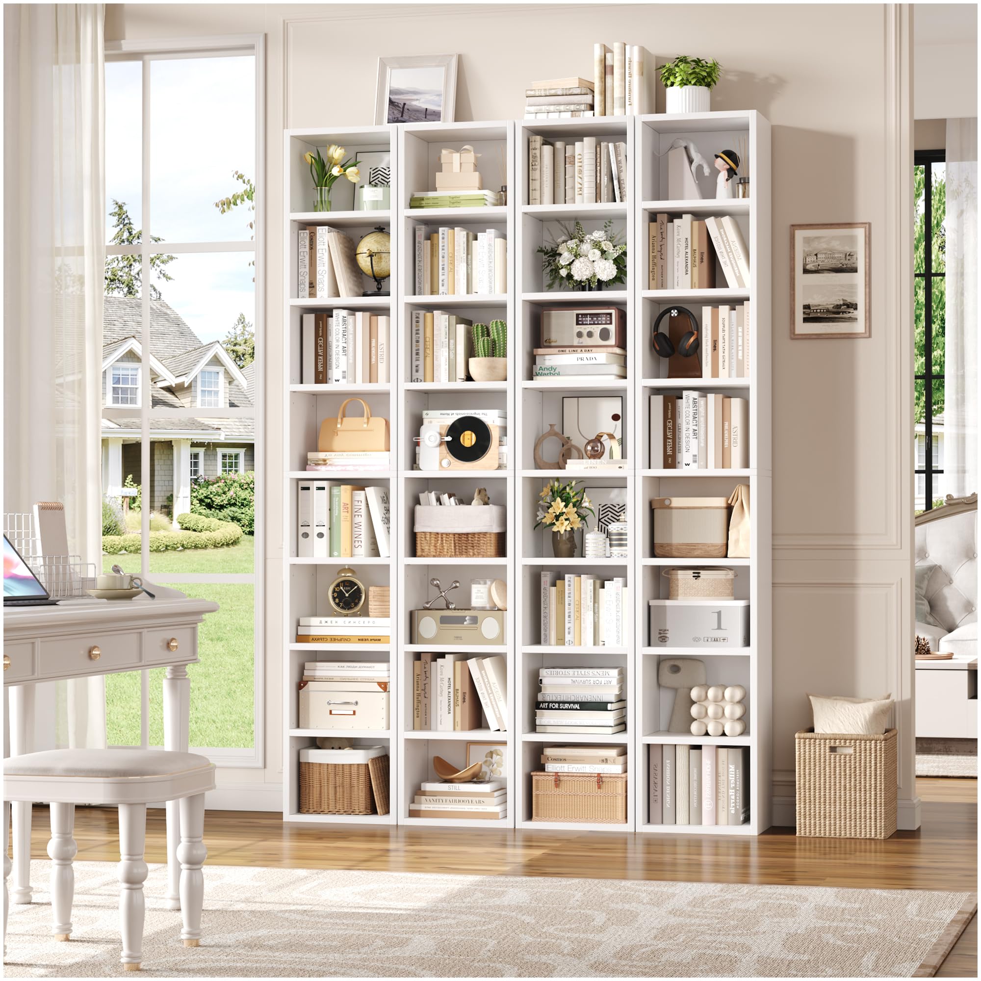 FOTOSOK white bookshelf with adjustable shelves for flexible organization.