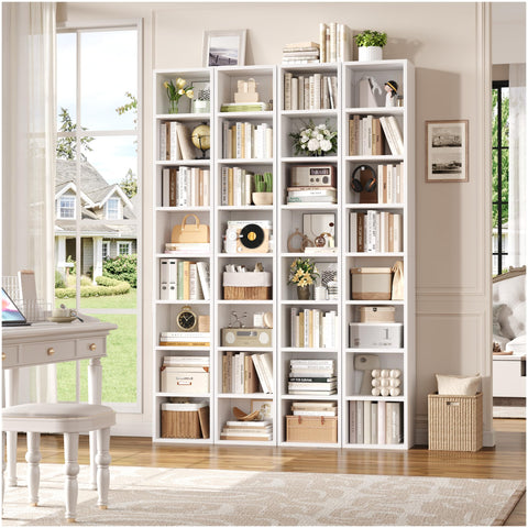 FOTOSOK white bookshelf with adjustable shelves for flexible organization.