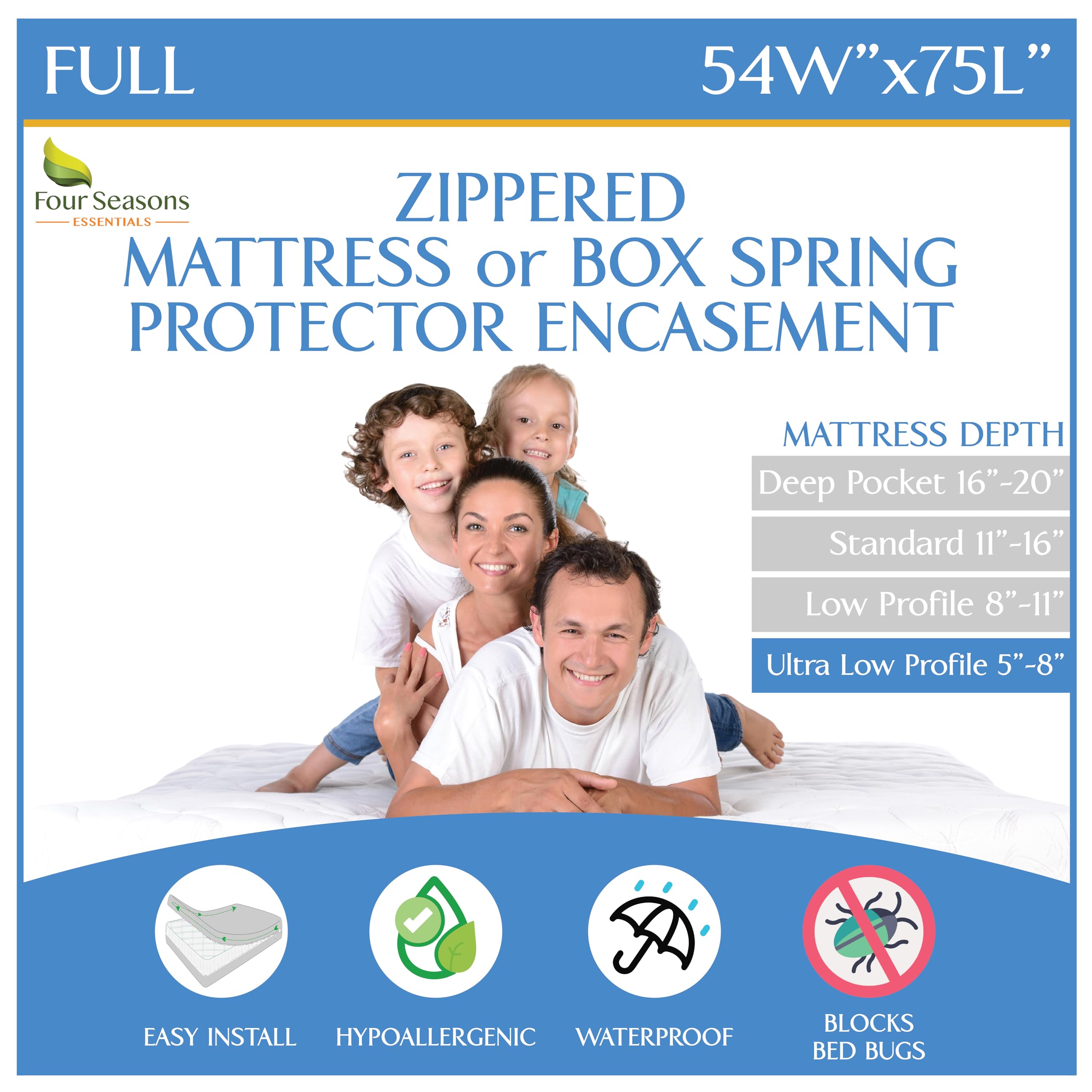 Four Seasons Essentials full-size mattress encasement on bed showing protection and fit