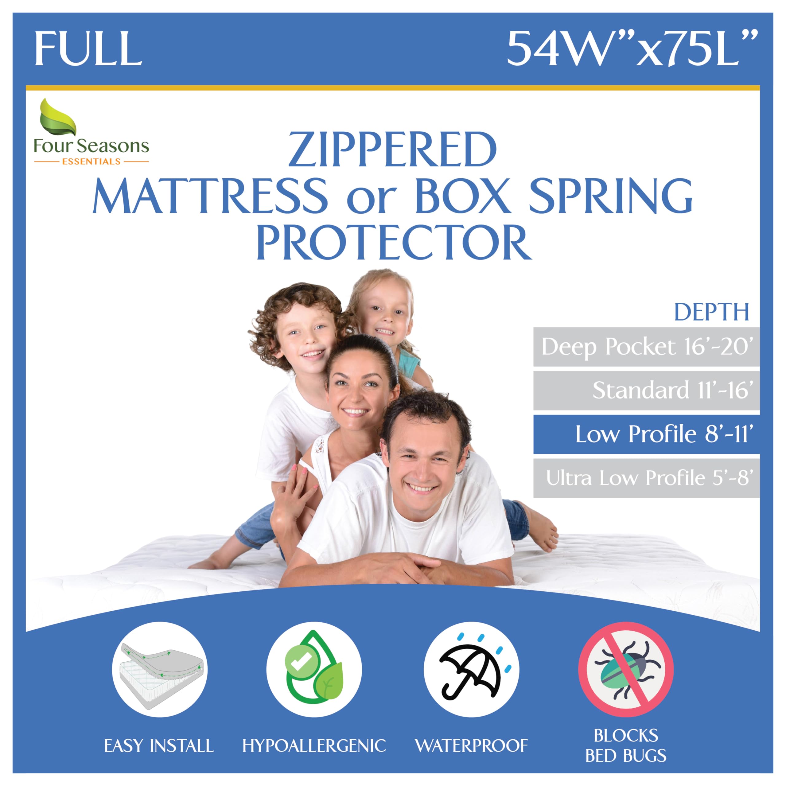 Four Seasons Essentials full-size mattress encasement with zipper protects against spills.