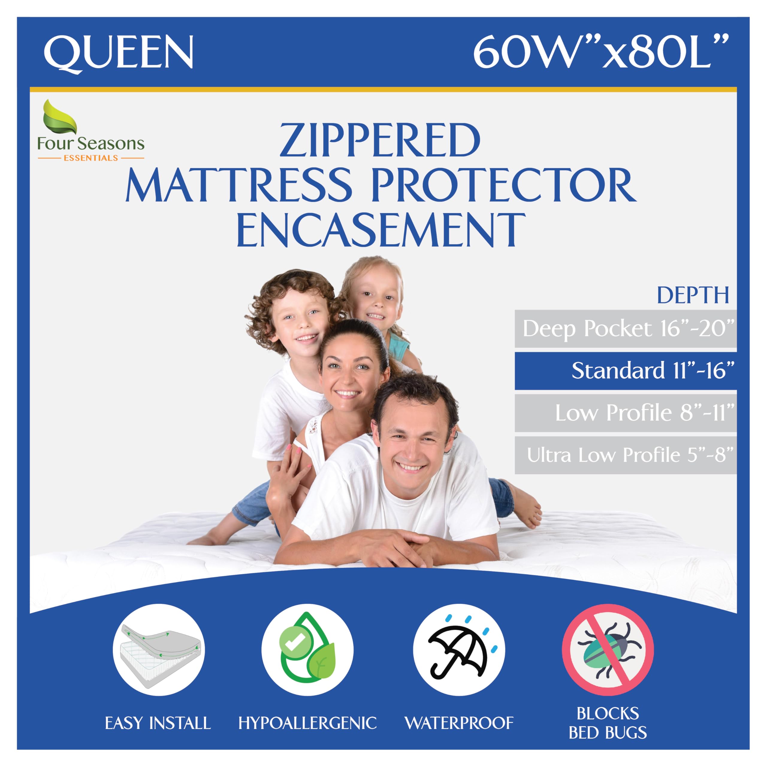Four Seasons Essentials queen mattress encasement with six‑sided zipper for full protection