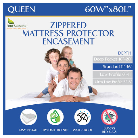 Four Seasons Essentials queen mattress encasement with six‑sided zipper for full protection
