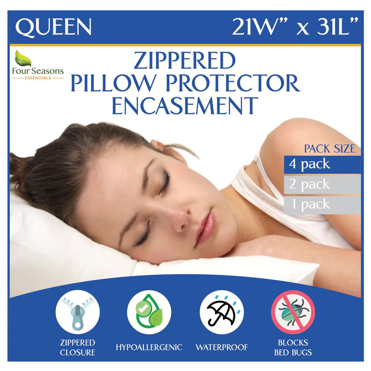 Four Seasons Essentials queen pillow protectors with zip closure for clean, dry sleep