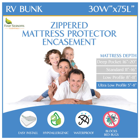 Four Seasons Essentials RV bunk encasement with closed zipper protects 30x75 mattress from spills.
