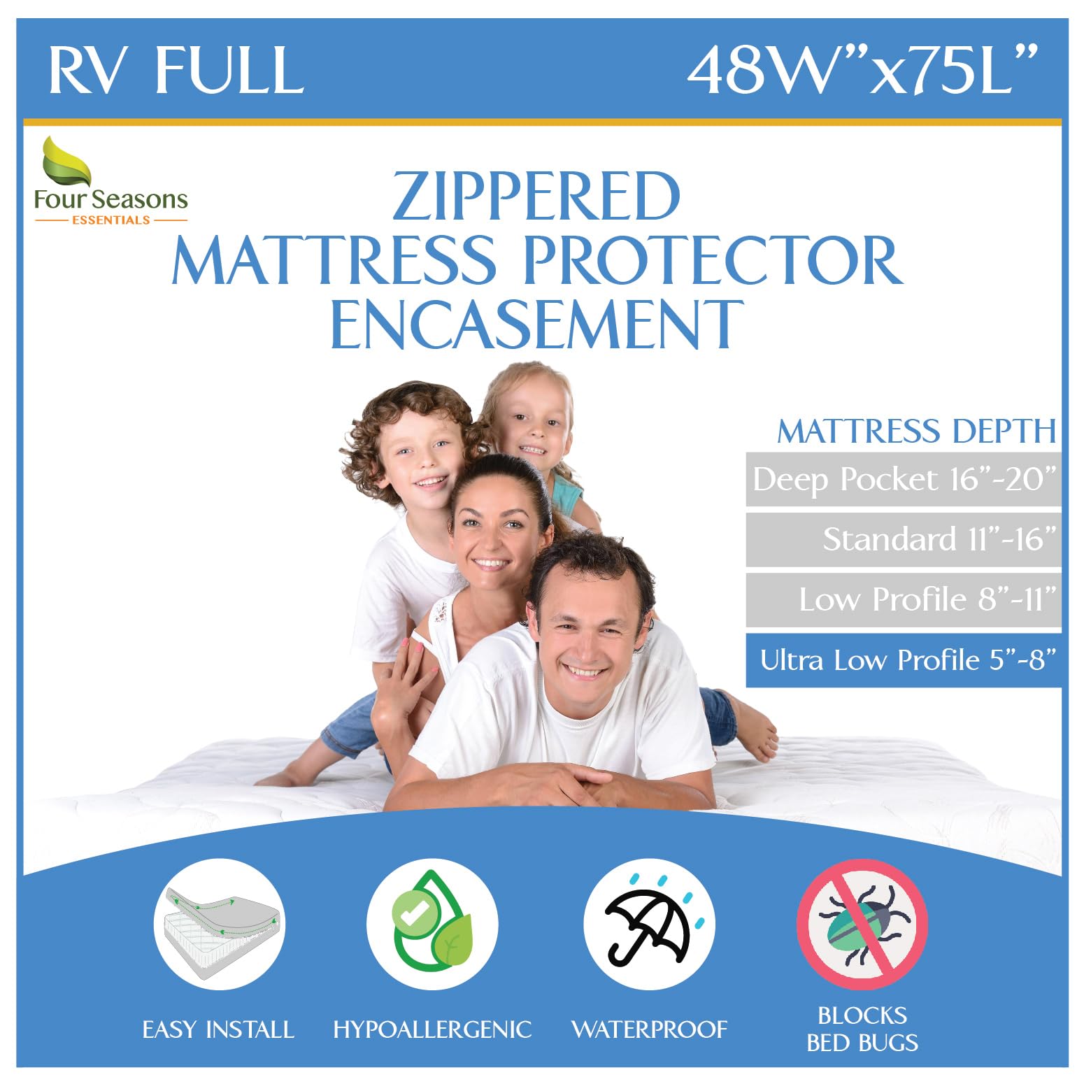 Four Seasons Essentials RV mattress protector with waterproof zipper encasement protects the mattress from spills