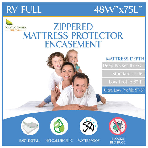 Four Seasons Essentials RV mattress protector with waterproof zipper encasement protects the mattress from spills
