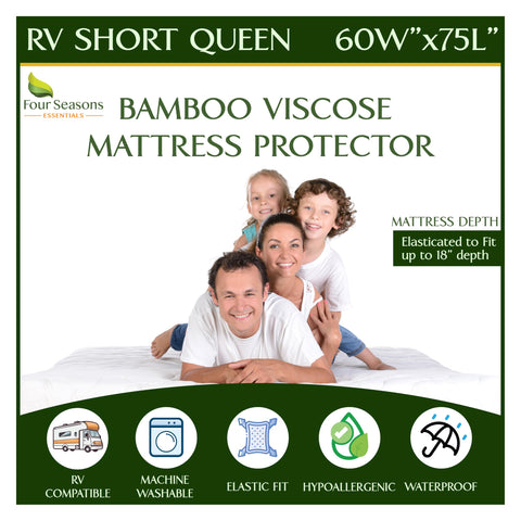 Four Seasons Essentials RV short queen cover on bed provides snug, secure protection.