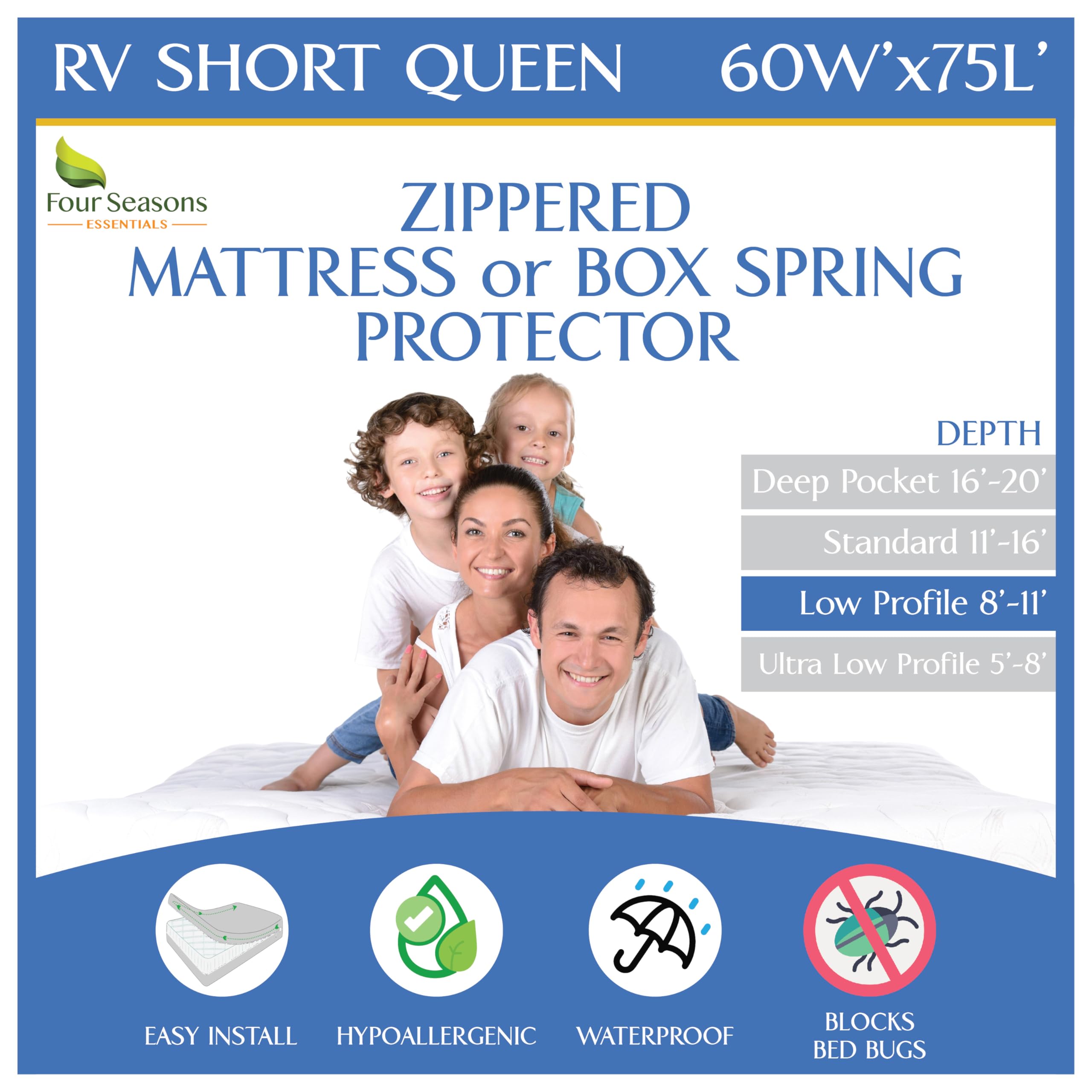 Four Seasons Essentials RV short queen encasement zipper surrounds the mattress for full protection.