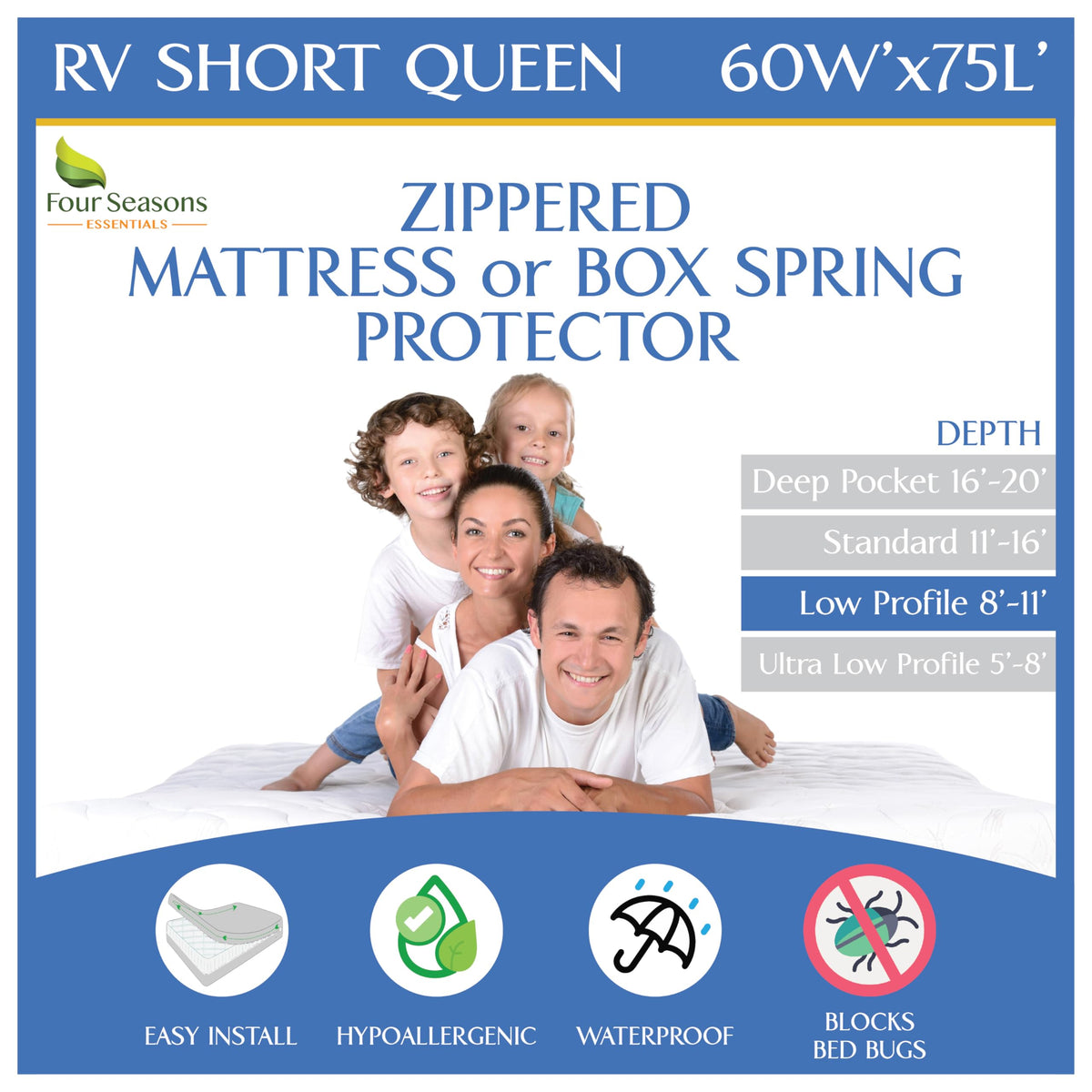 Four Seasons Essentials RV short queen encasement zipper surrounds the mattress for full protection.
