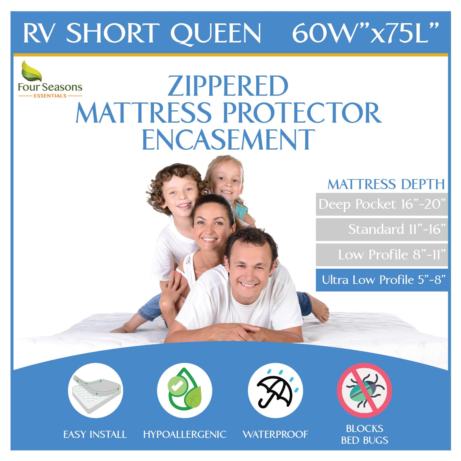 Four Seasons Essentials RV short queen encasement with secure zipper protects the mattress.
