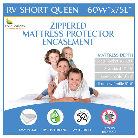 Four Seasons Essentials RV short queen encasement with secure zipper protects the mattress.
