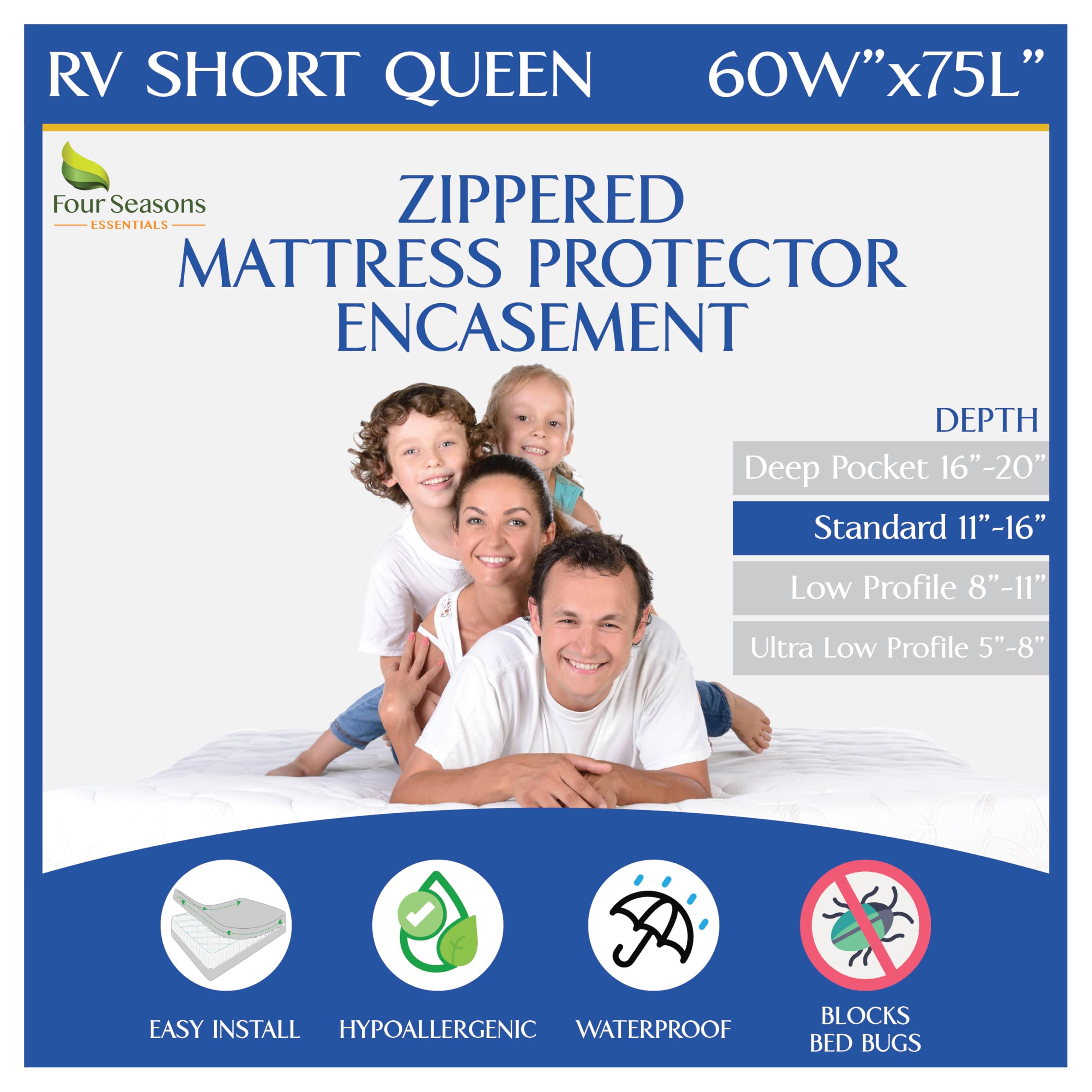 Four Seasons Essentials RV short queen mattress protector six-sided zippered encasement protects against spills