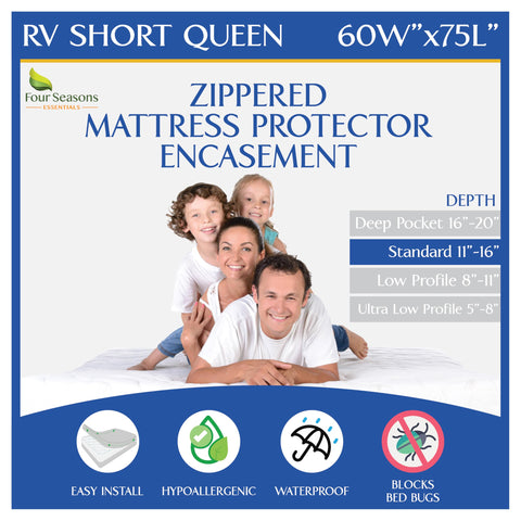 Four Seasons Essentials RV short queen mattress protector six-sided zippered encasement protects against spills