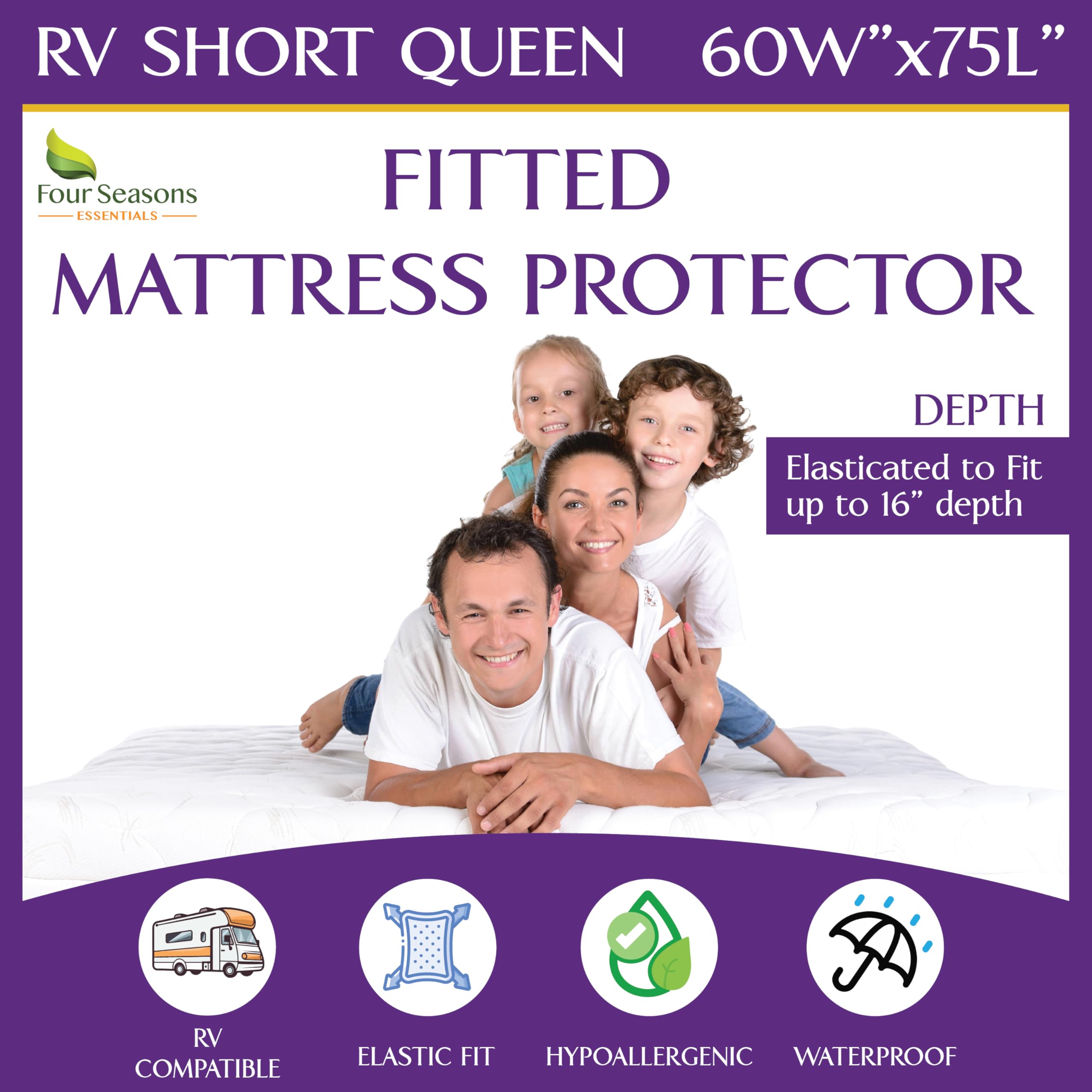 Four Seasons Essentials RV short queen protector with waterproof backing protects against spills.