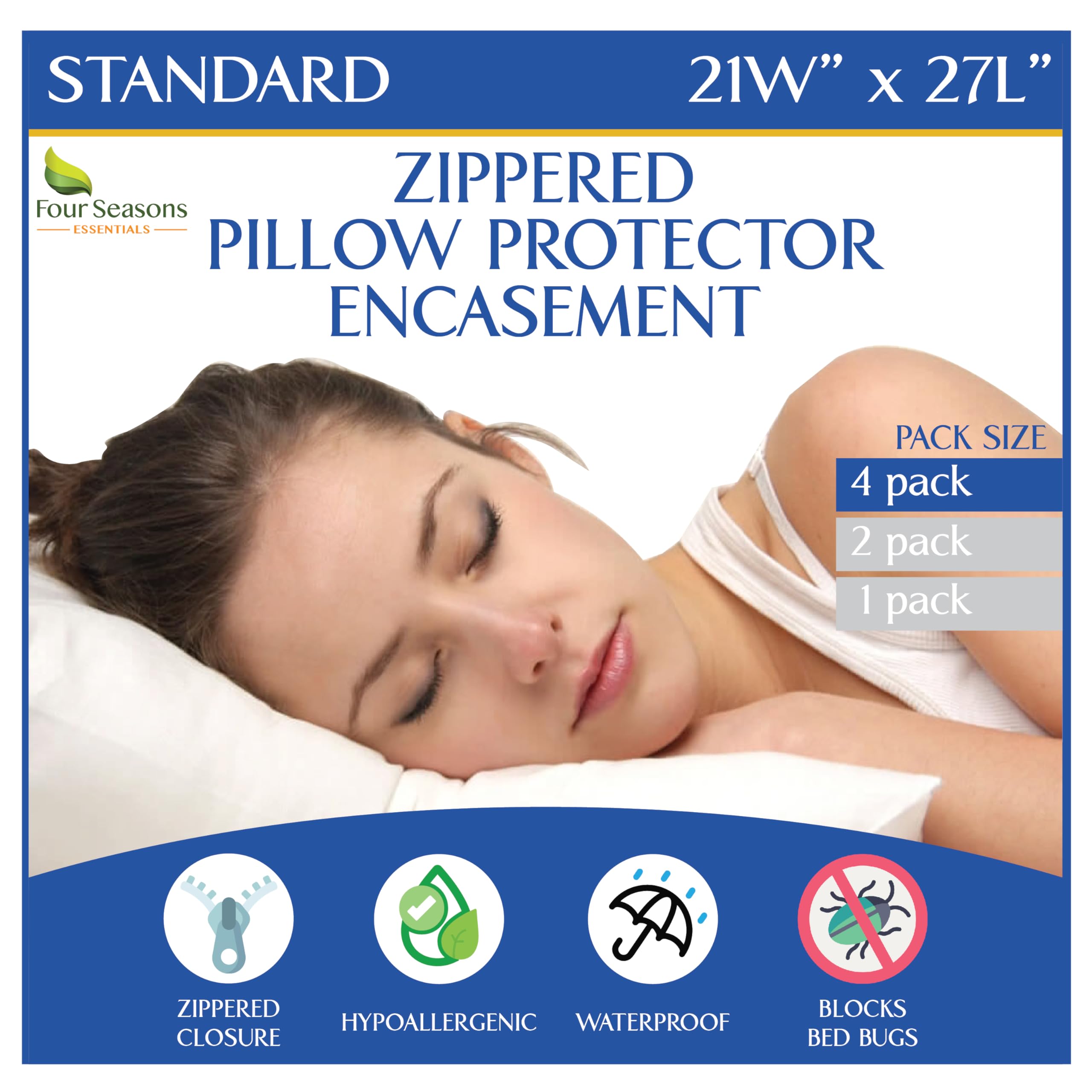 Four Seasons Essentials pillow protectors pack protects standard 21x27 pillows from stains and dust.