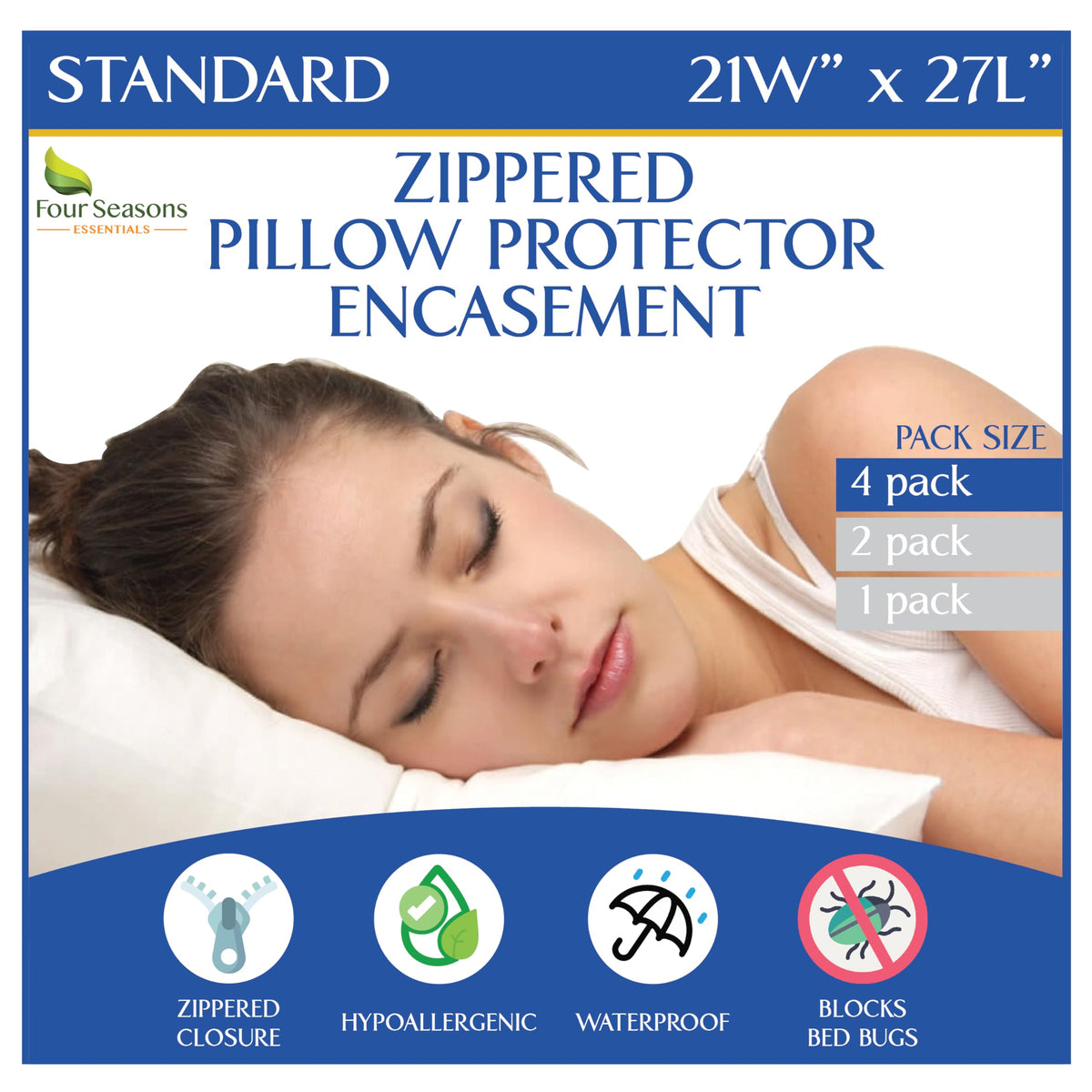 Four Seasons Essentials pillow protectors pack protects standard 21x27 pillows from stains and dust.