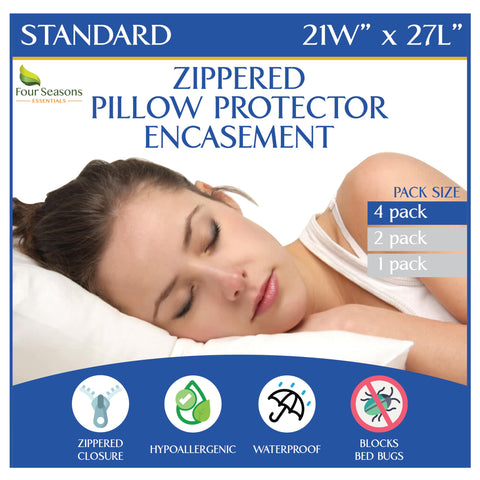 Four Seasons Essentials pillow protectors pack protects standard 21x27 pillows from stains and dust.