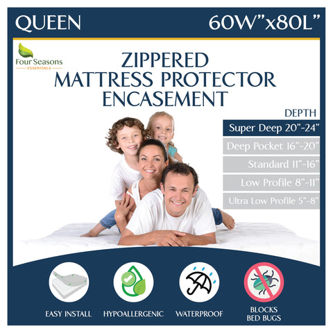 Four Seasons Essentials queen encasement fully zippered for complete edge-to-edge protection.