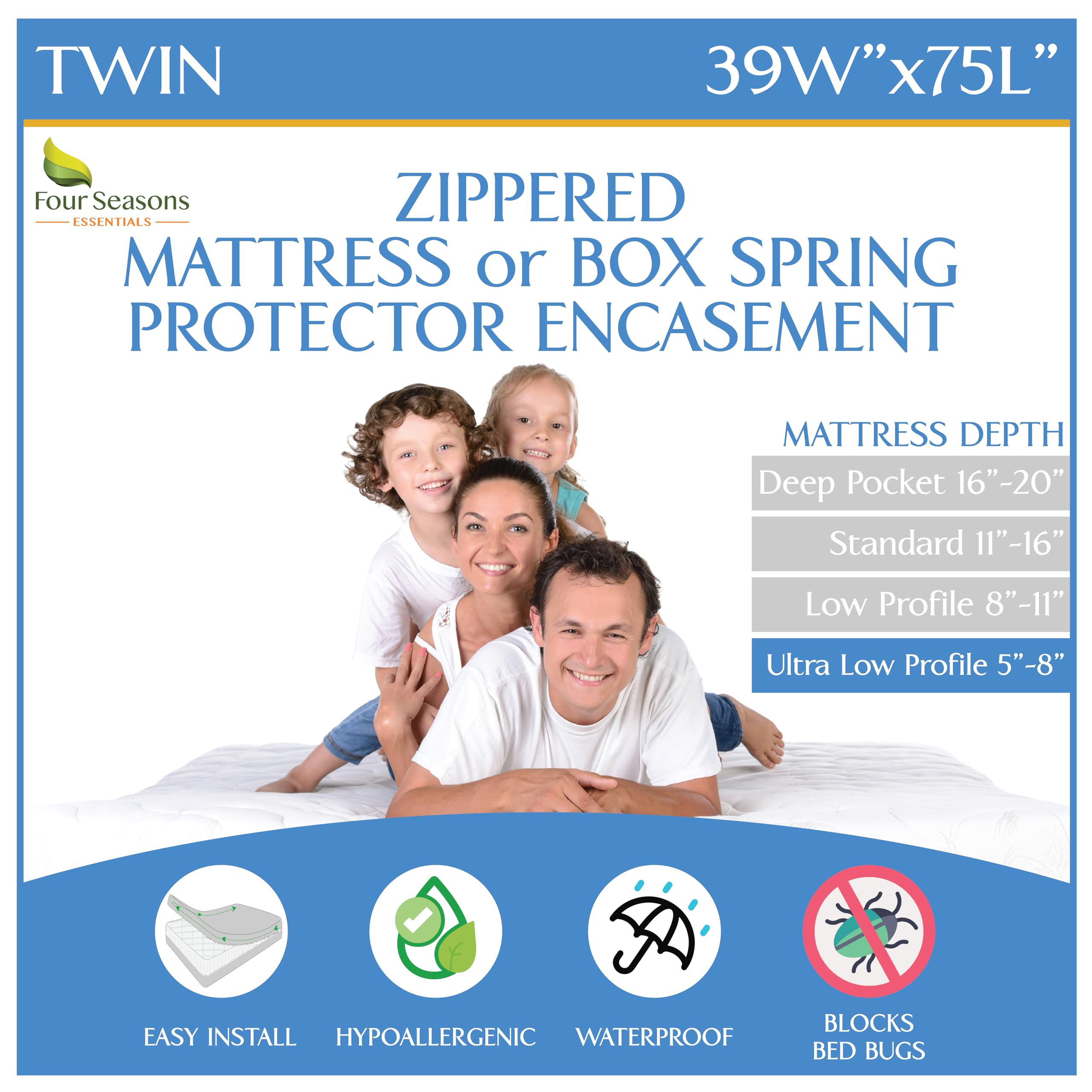 Four Seasons Essentials twin encasement 5-8 depth protects your mattress from spills