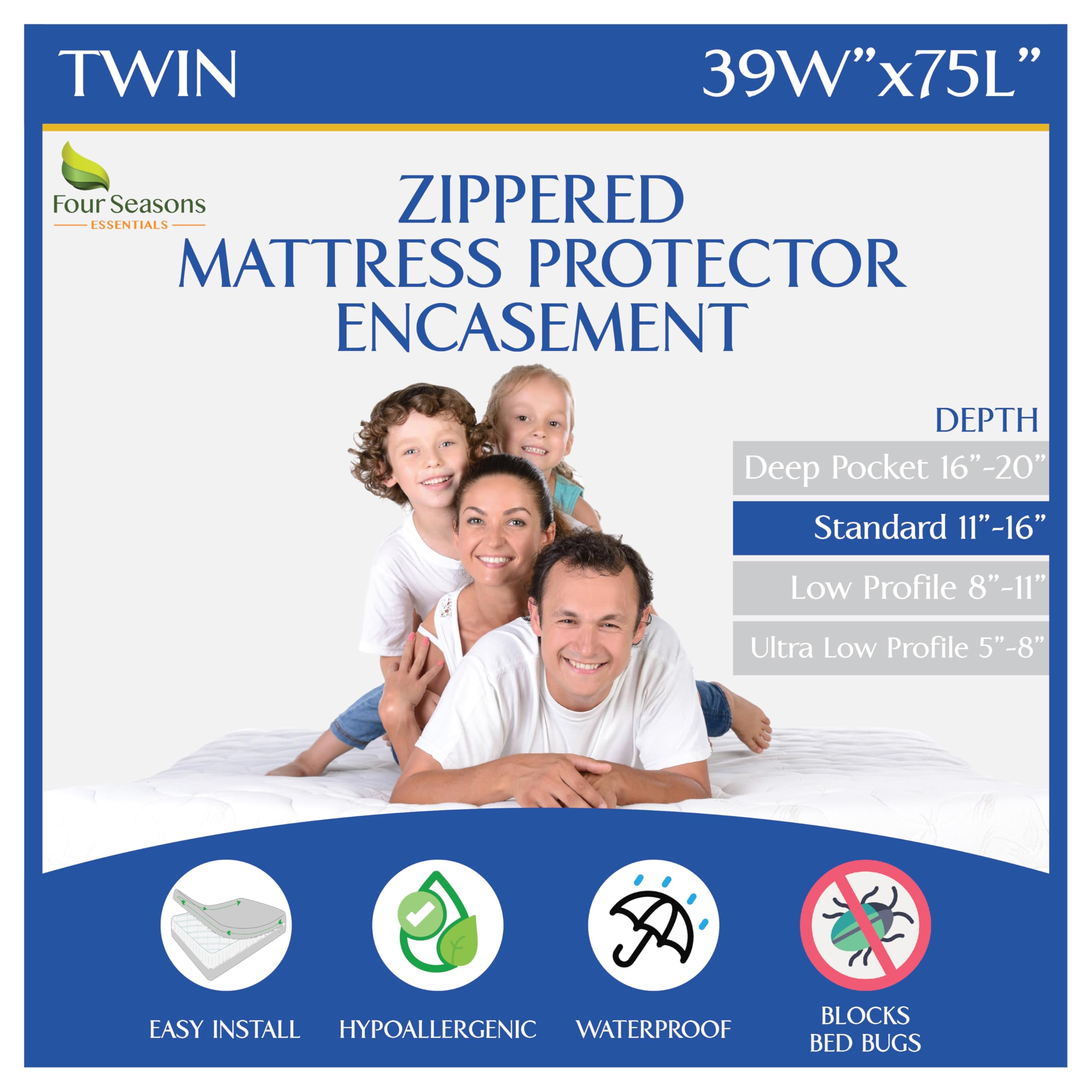 Four Seasons Essentials twin mattress encasement front view with six-sided zipper for full protection
