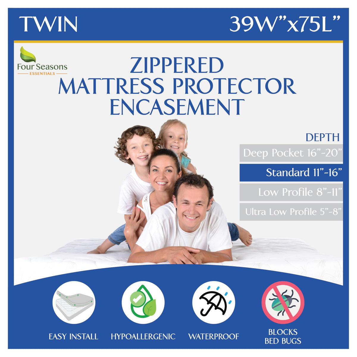Four Seasons Essentials twin mattress encasement front view with six-sided zipper for full protection