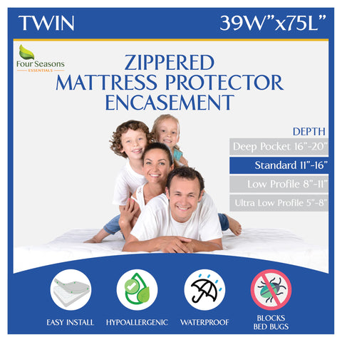 Four Seasons Essentials twin mattress encasement front view with six-sided zipper for full protection