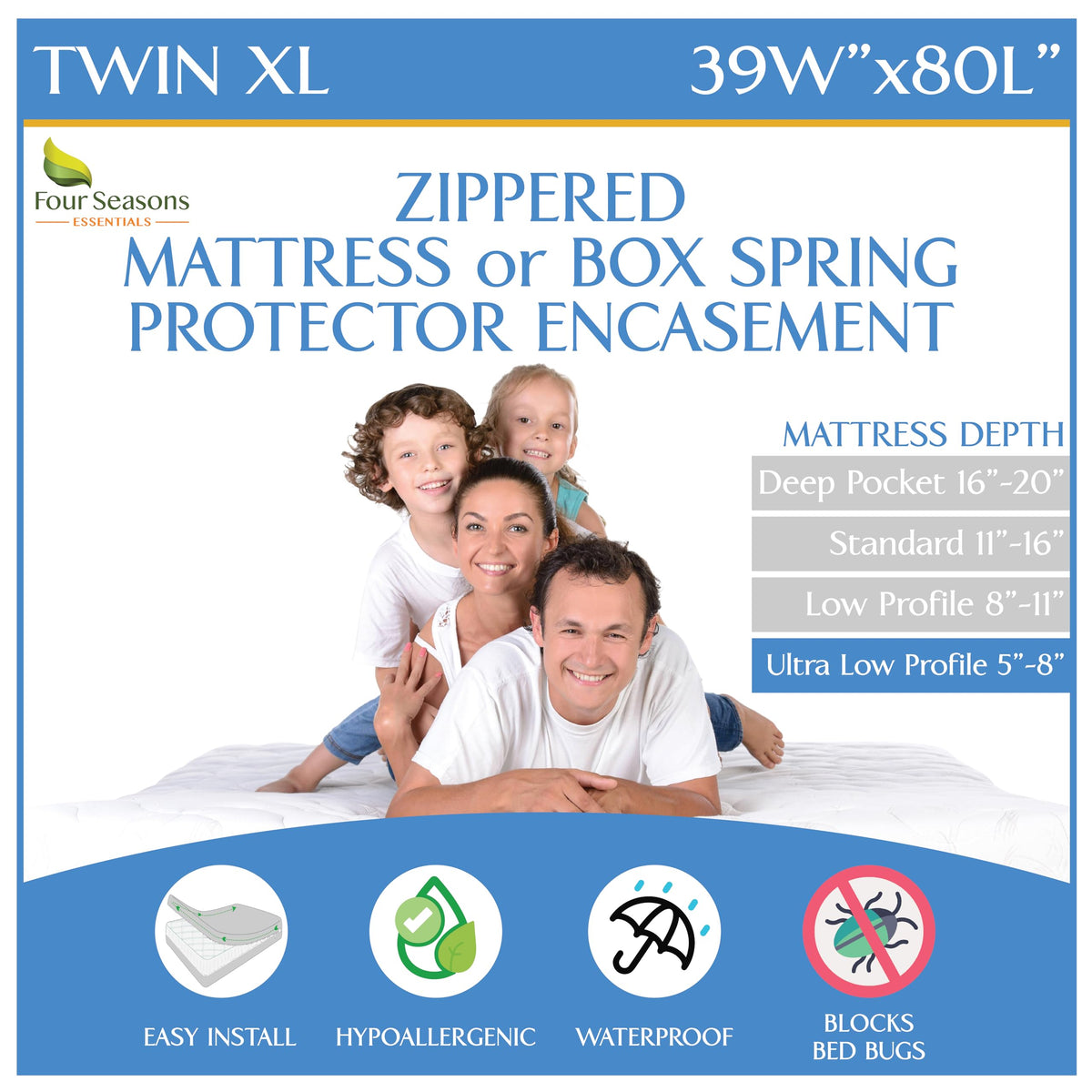 Four Seasons Essentials Twin XL encasement with closed zipper protects against dust and allergens.