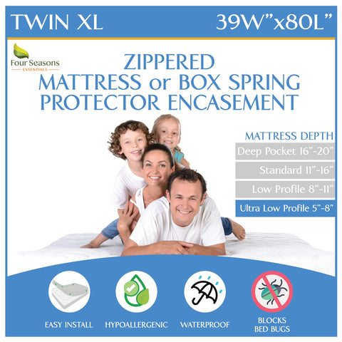 Four Seasons Essentials Twin XL encasement with closed zipper protects against dust and allergens.