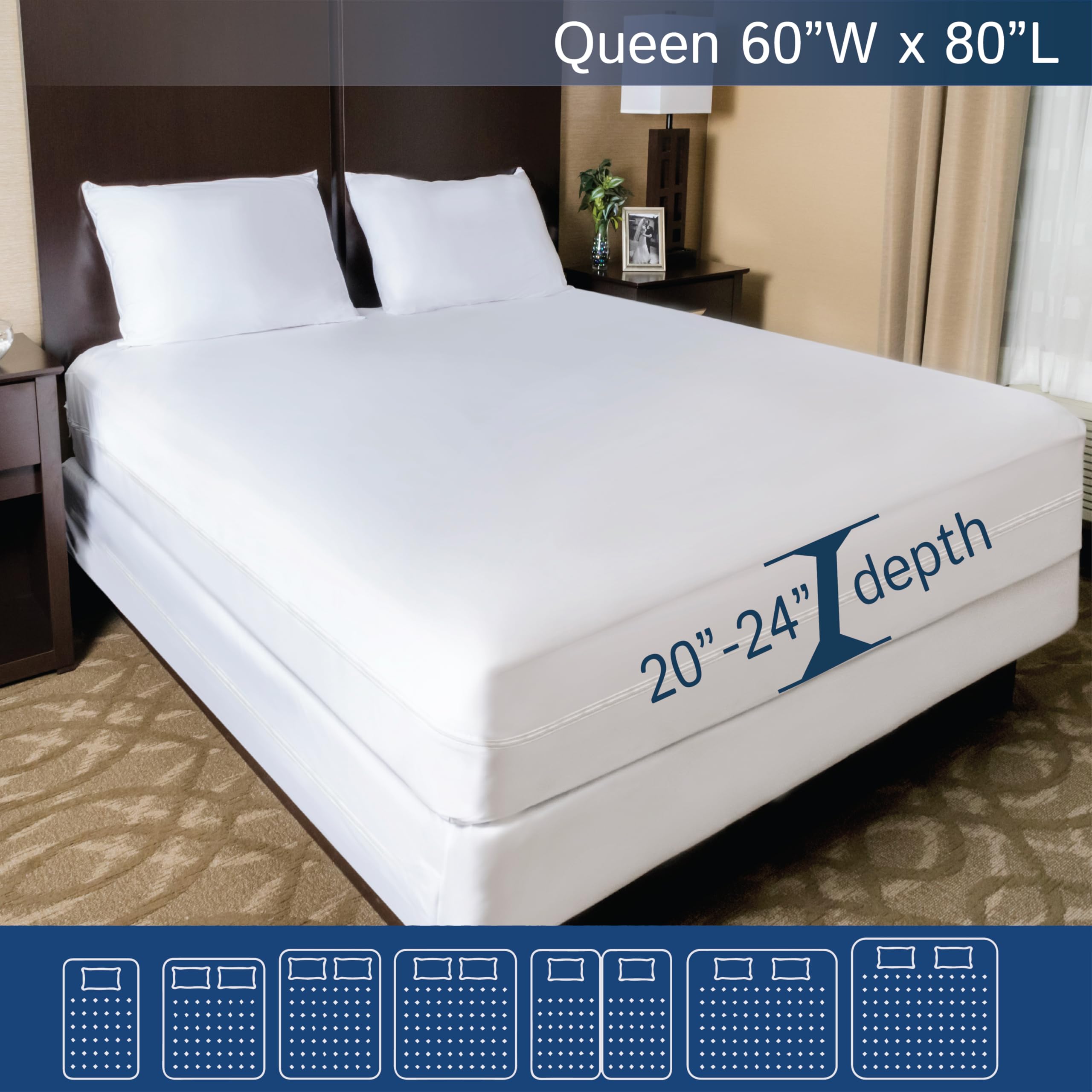 Four Seasons Essentials waterproof inner lining blocks leaks for deeper mattress protection.