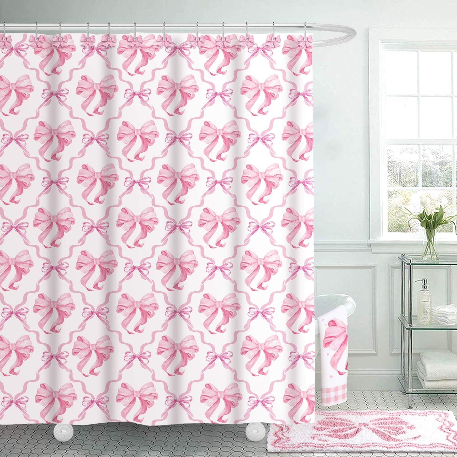 Fourluoo pink bow floor mat close-up with plush microfiber and non-slip backing