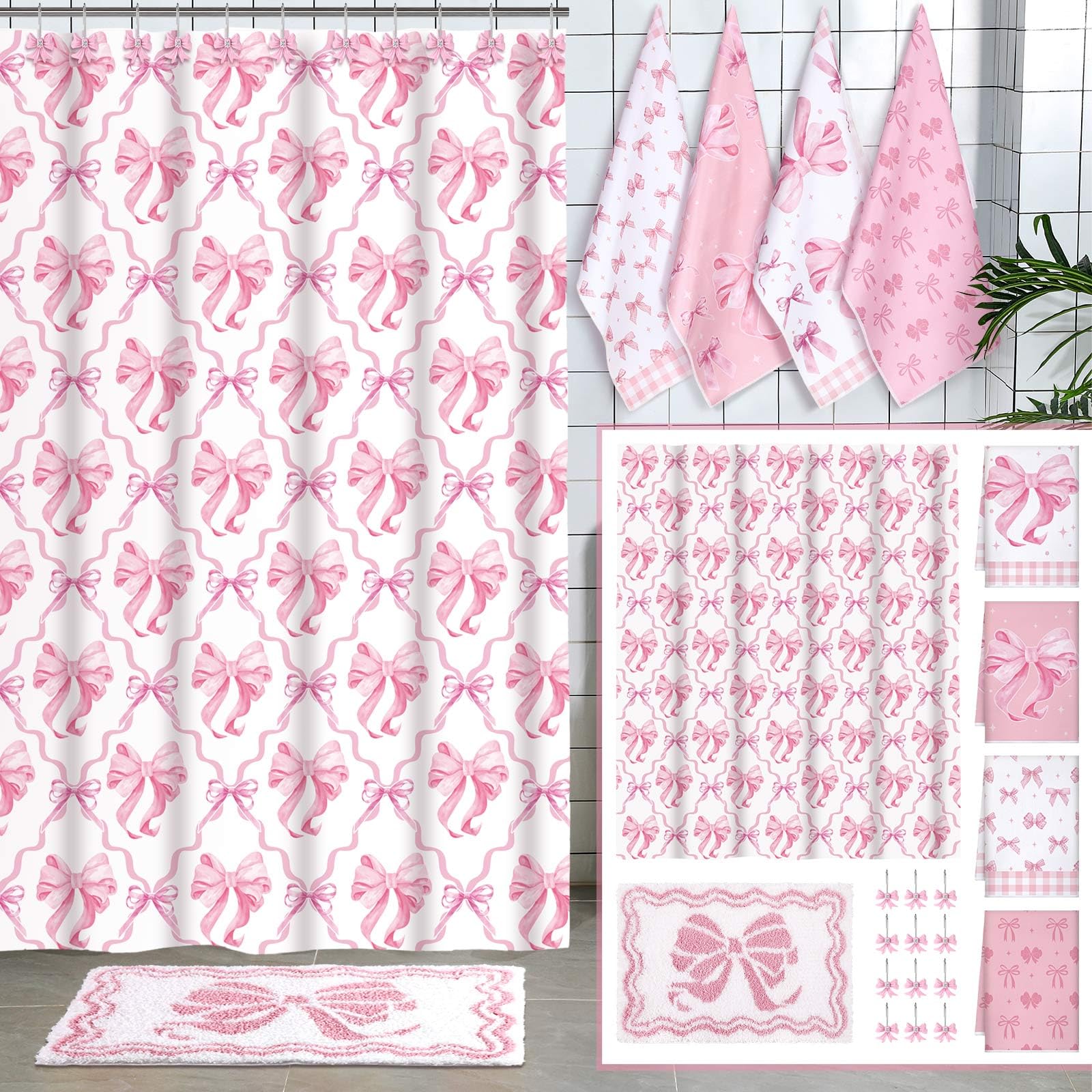 Fourluoo pink bow shower curtain close-up, waterproof fabric and playful bow design