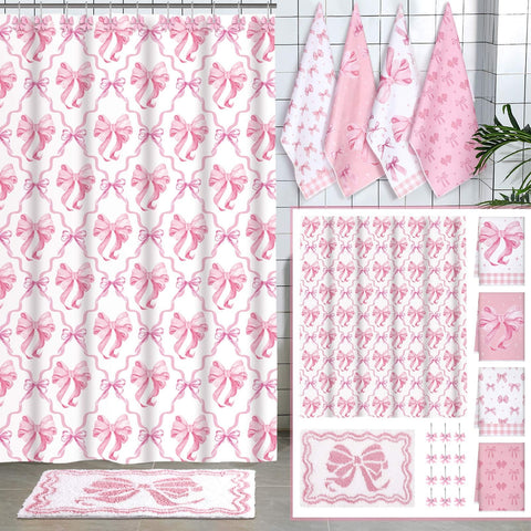 Fourluoo pink bow shower curtain close-up, waterproof fabric and playful bow design
