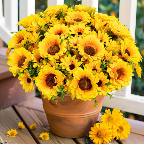 FOUSUKA artificial sunflowers outdoors with eucalyptus leaves for vibrant porch decor